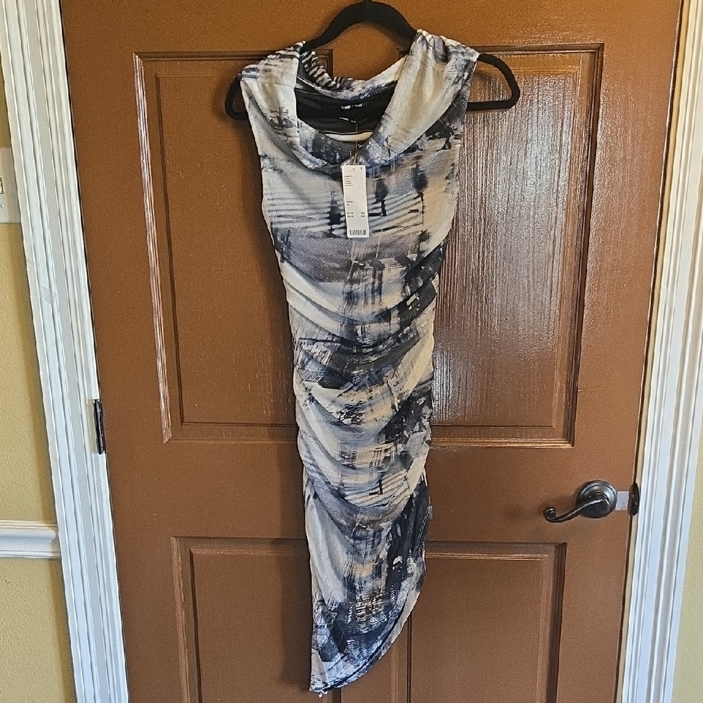 Silence + Noise-Gray and white print draped straight dress Sz XS NWT